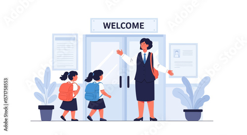 Students Arriving At School Greeted By Teacher In Front Of The Building