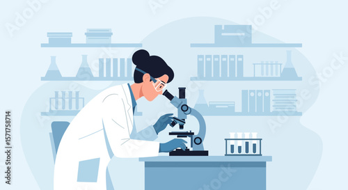 Female Scientist Analyzing Sample Under Microscope In Laboratory Setting