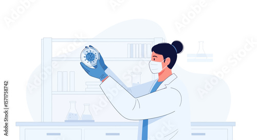Female Scientist Analyzing Virus Sample In A Laboratory For Medical Research