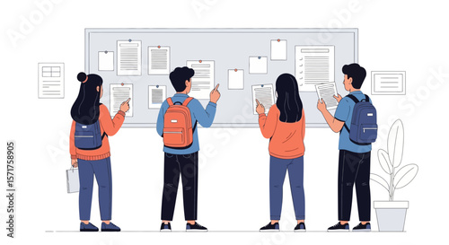 College Students Reviewing Information Board During Classmates Seeking Opportunities Together