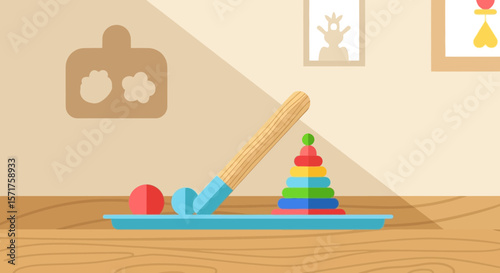 Colorful Pyramid Stack Toy, With Baby Play Stick Ball On Wooden Surface