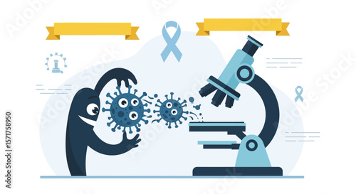 Comic Study Of Infectious Microbes With Microscope And Scientist Character