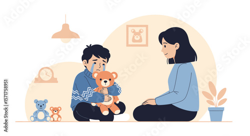 Comforting Conversation Between Mother And Son During Emotional Distress Illustration