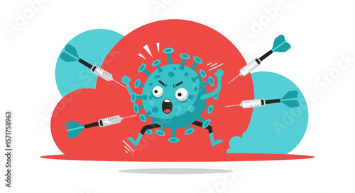 Comical Vaccine Assault Defeating Cartoon Coronavirus Vector Health Illustration