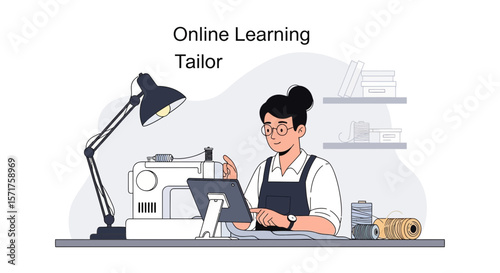 Female Seamstress Using Technology To Learn Sewing Online In Her Studio