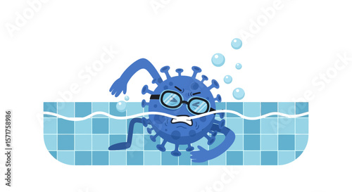 Comical Virus Character Swimming Laps In A Blue Tiled Pool Wearing Goggles