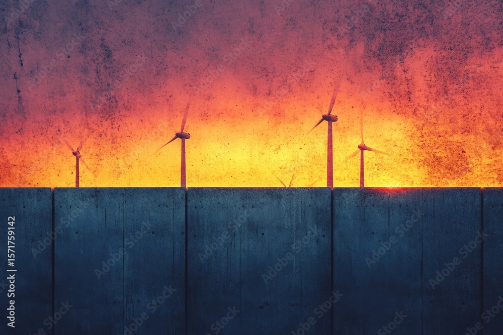 Obraz premium Wind turbines rise above a concrete barrier against a vibrant sunset, blending industry and nature's beauty.
