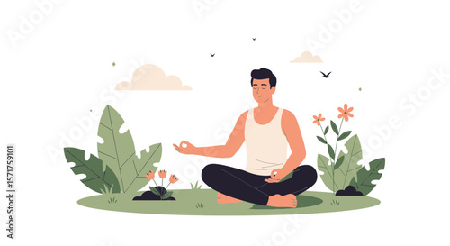 Mindful Man Practicing Meditation Outdoors In Natural Setting For Well Being
