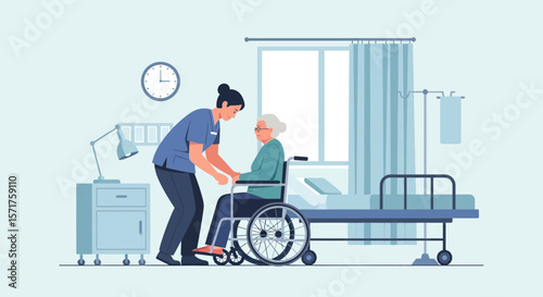Compassionate Caregiver Assisting Elderly Woman in Wheelchair in Hospital Room Setting