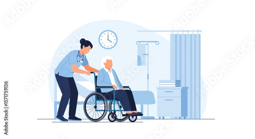 Compassionate Caregiver Assists Senior Patient in Hospital Wheelchair Transportation
