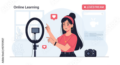 Female Vlogger Streaming Content With Ring Light And Digital Media Platform