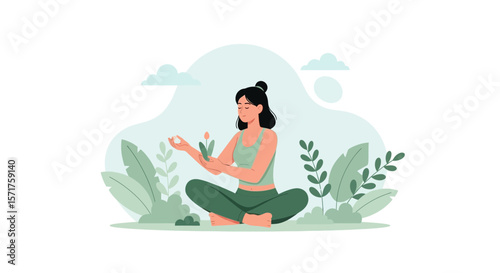 Mindful Meditation Practice Woman Nurturing Growth And Connection With Nature Scene