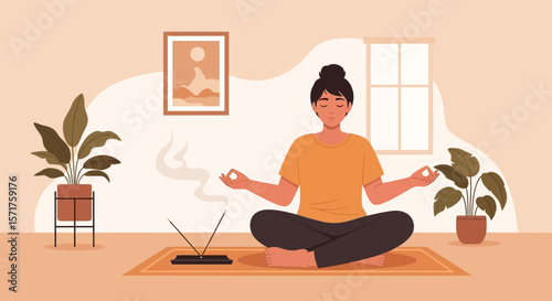 Mindful Woman Meditating At Home For Mental Wellbeing and Peaceful Relaxation