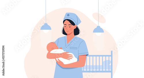 Compassionate Nurse Holding Newborn With Care In Hospital Room Illustration