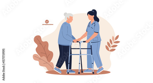 Compassionate Nursing Assistant Helps Senior Woman With Walker In Home Setting