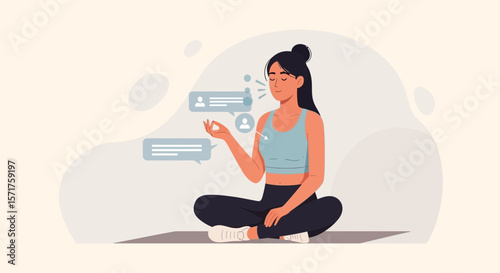 Mindfulness And Digital Detox Woman In Meditation With Speech Bubbles Around