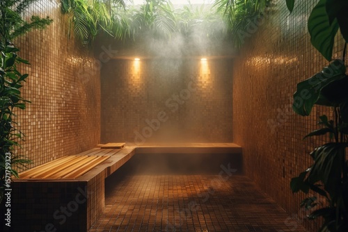 A serene sauna room with wooden benches, soft lighting, tiled walls, and lush green plants.