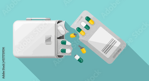 First Aid Kit Contains Medications And Scattered Pills For Healthcare Needs