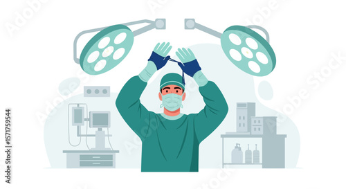Surgeon Prepares For Operation Tying Mask Straps In A Modern Operating Room