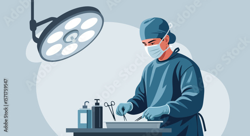 Surgeon Prepares Medical Instruments Under Operating Room Light Illustration