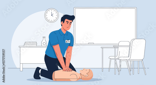 First Aid Training Instructor Demonstrating Cardiopulmonary Resuscitation Techniques On Mannequin