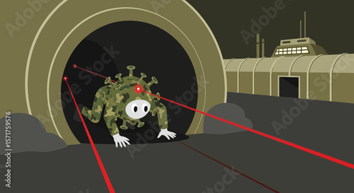 Conceptual Illustration of Viral Threat emerging from Industrial Zone Depicting a Health Crisis