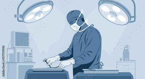 Surgeon Preparing For Operation In Hospital Operating Room With Sterile Equipment