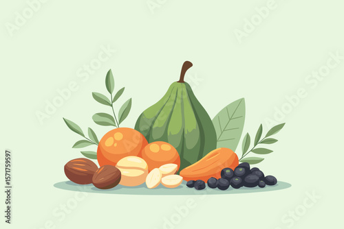 Fresh assorted fruits including green pear, nuts, and berries in colorful setting