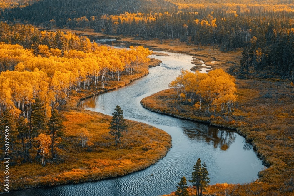 Fototapeta premium Aerial view of a winding river flowing through a forest in vibrant autumn colors.
