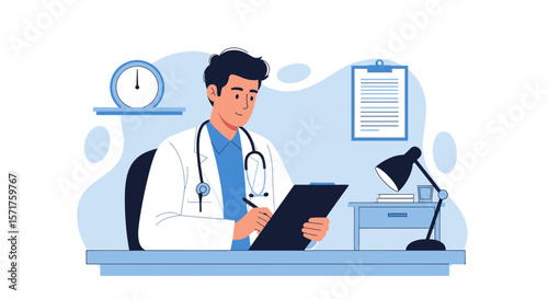 Confident Doctor Making Notes at His Desk in the Clinic