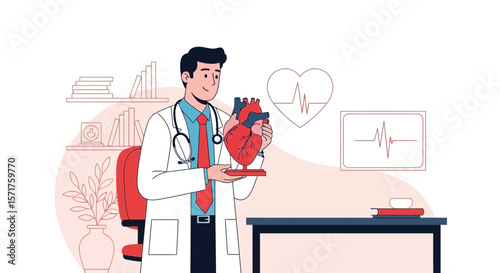 Confident Doctor Holding Human Heart Model Explaining Cardiovascular System Health Concept
