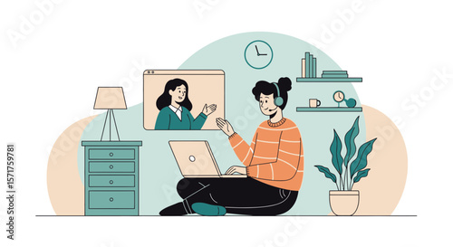 Modern Illustration Of Woman Telecommuting And Video Conferencing From Her Home