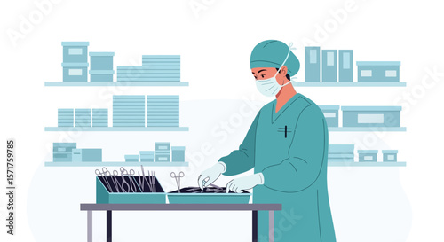 Surgeon Preparing Surgical Instruments For Operation In Sterile Environment Scene