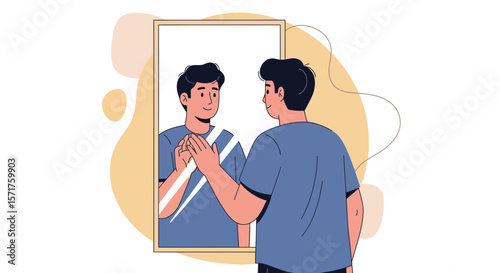 Confident Young Man Looking In The Mirror Smiling Reflection Self Assurance