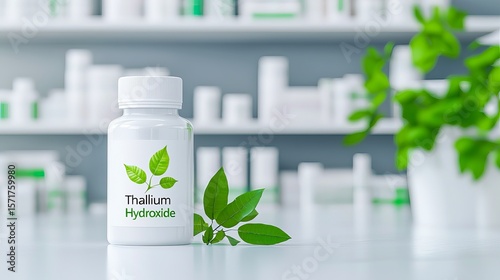 A white bottle labeled 'Thallium Hydroxide' surrounded by green leaves, symbolizing natural chemistry and health.