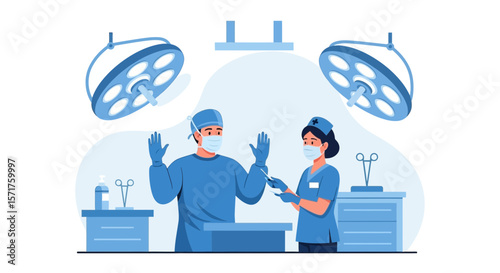 Surgeons Preparing For Operation Under Bright Operating Room Lights Illustration