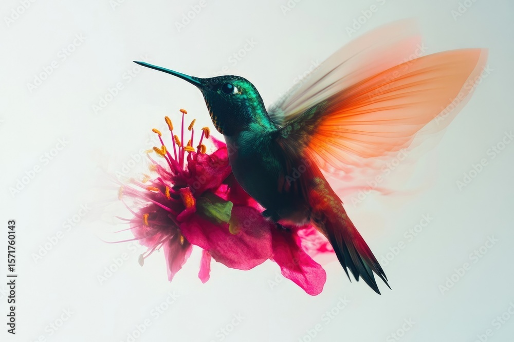 Fototapeta premium A vibrant hummingbird feeds from a pink flower, its wings blurred with rapid motion.