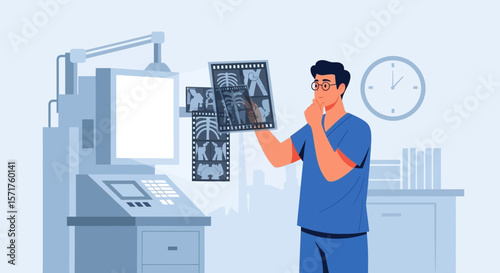 Focused Radiologist Examining Medical X Rays In Clinic For Diagnostics Purposes