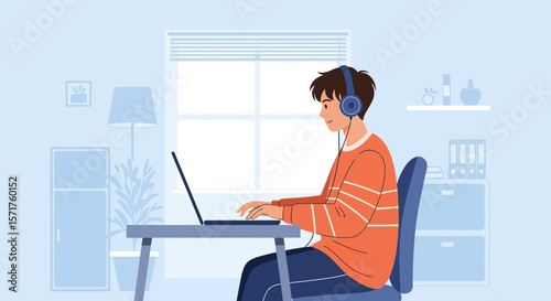 Focused Student Attending Online Class Or Working Remotely From Home Illustration