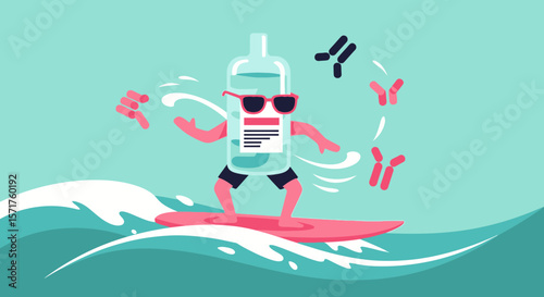 Cool Sanitizer Surfing On The Waves Cartoon Against Pathogens With Sunglasses