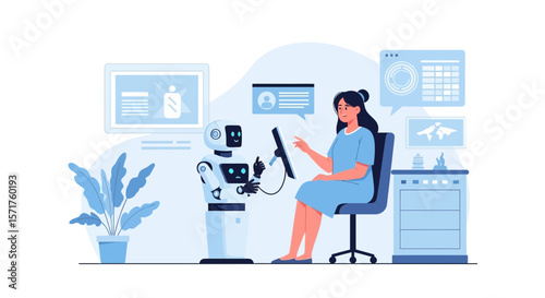Modern Woman Interacts With Advanced Robot In A Connected Office Setting