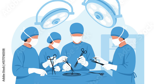 Surgical Team Performing Complex Medical Procedure In Operating Room Illustration