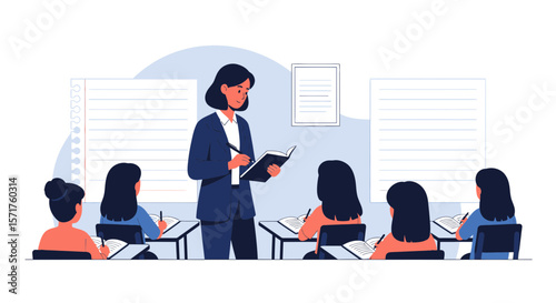 Focused Teacher Lecturing Students in Classroom Illustration During Lesson