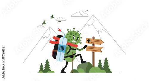 Coronavirus Character Hiking Towards New Heights In a Mountain Landscape
