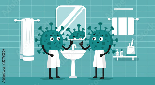 Coronavirus Characters Discuss Hand Washing Hygiene In A Bathroom Setting Cartoon