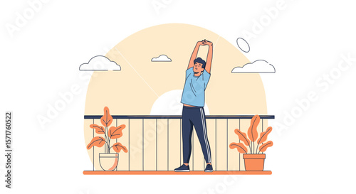 Morning Stretch Man Enjoying Fresh Air And Beautiful View Balcony Apartment