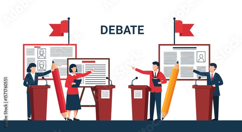 Formal Public Debate With Flags And Pencils Between Confident Candidates