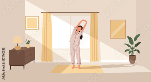 Morning Stretch Routine At Home In Pajamas Under Sunlight Illustration