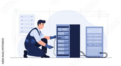 System Administrator Configuring Server Equipment In Datacenter Illustration