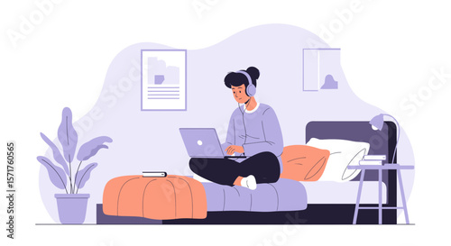 Freelance Lifestyle Woman Working On Her Laptop At Home, Modern Interior